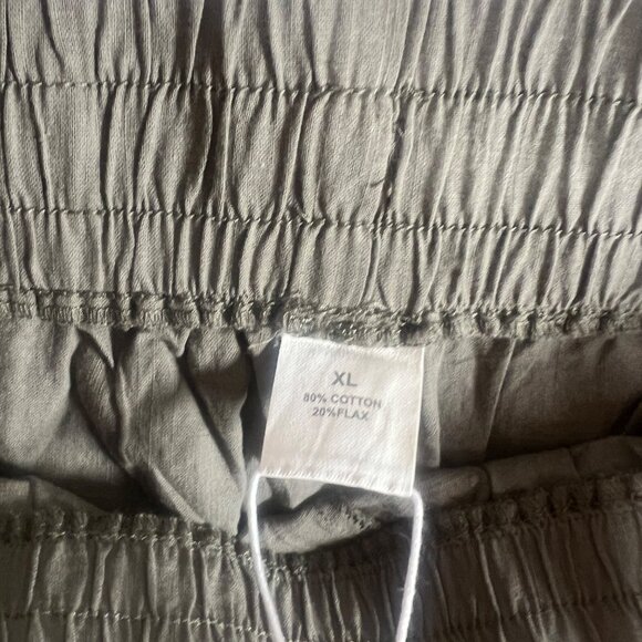Womens Flowy Pants XL Cotton Flax Blend Olive Green Wide Leg Pockets Boho - Picture 5 of 8